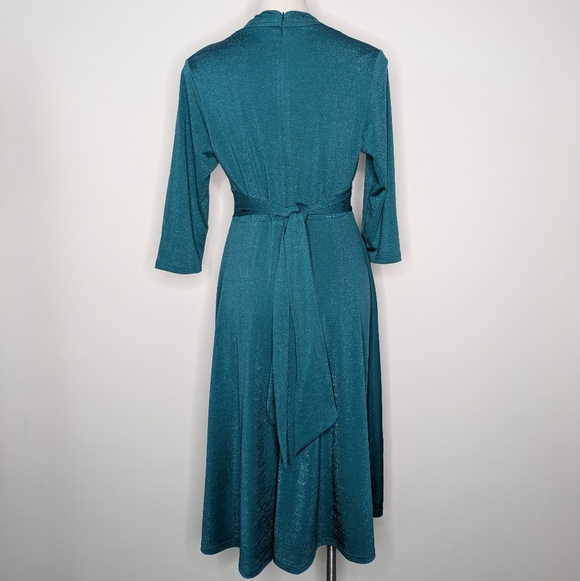 Belle Pogue Blue Shimmer V Neck Midi Dress M - Picture 4 of 7